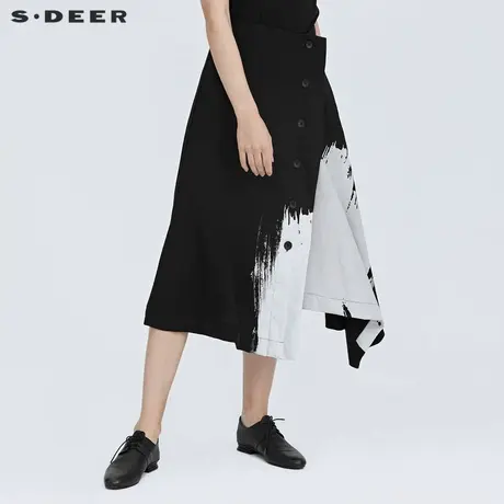 sdeer圣迪奥女夏季半身裙撞色印花不规则A字黑色长裙S21281118图片