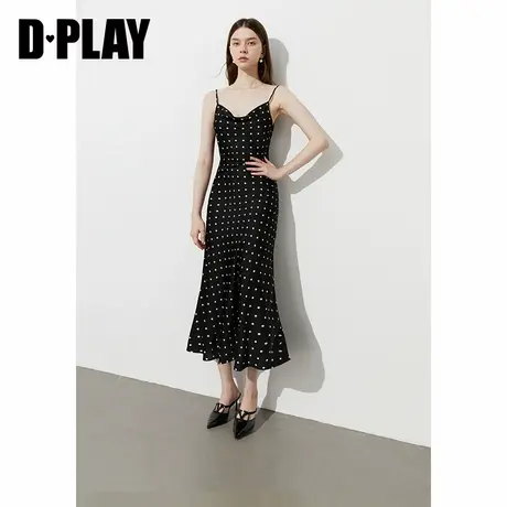 DPLAY2025年夏季新款黑色波点连衣裙女法式缎面鱼尾裙吊带长裙图片