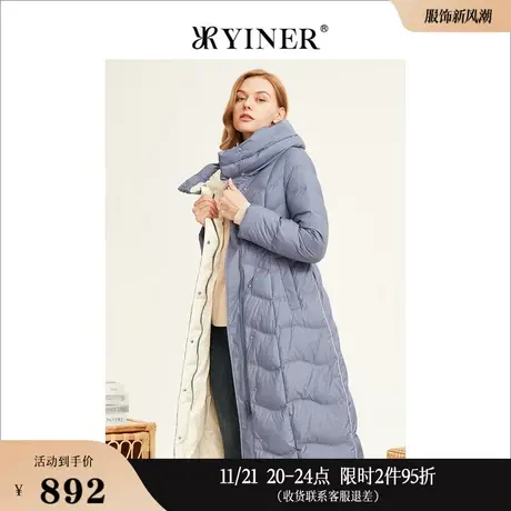 YINER音儿线上专选女装冬季中长款连帽衍缝设计保暖白鸭绒羽绒服图片