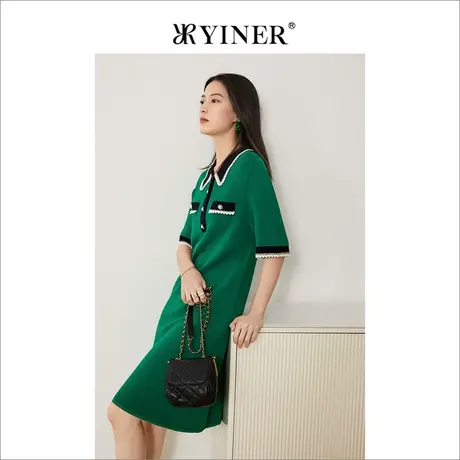 YINER音儿线上专选女装2022夏季娃娃领绿色法式针织连衣裙图片