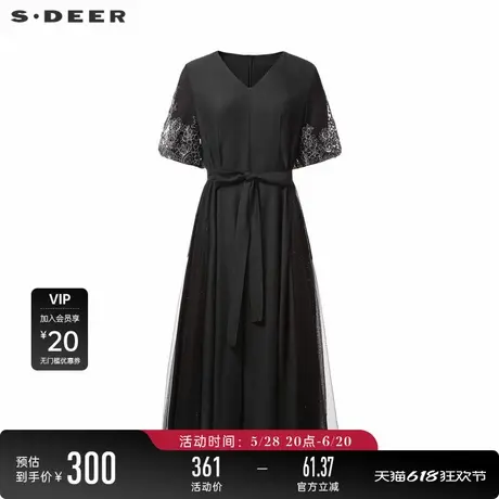 sdeer圣迪奥女装V领绣花网纱收腰泡泡袖连衣裙S242Z12F2图片