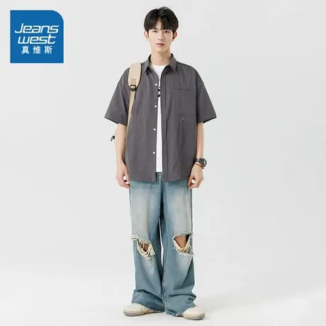 LE真维斯男装2025春季新款 潮流男生半袖上衣百搭宽松男短袖衬衫图片