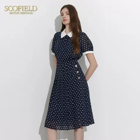 Scofield女装波点短袖连衣裙优雅翻领后拉链收腰长裙夏季裙子图片