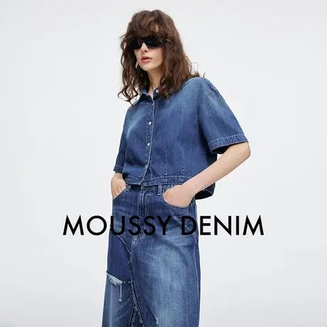 MOUSSY 2025夏季新品复古通勤水洗纽扣短袖牛仔衬衫010IS111-3621图片