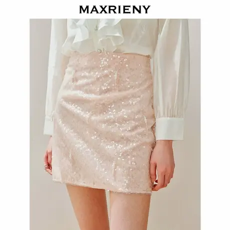 【奥莱】MAXRIENY风珠片绣花半裙直筒高腰半身裙子图片