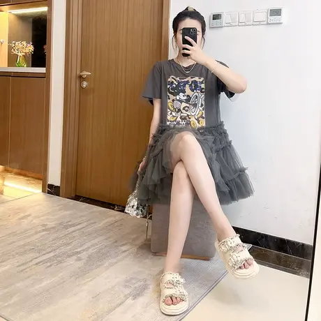 网纱拼接印花t恤连衣裙女2025夏新款大码胖mm卡通减龄洋气短袖图片