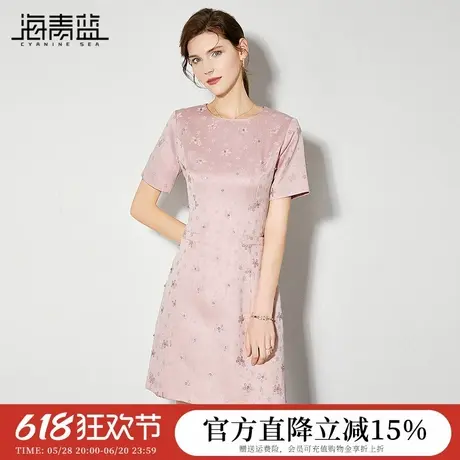 海青蓝肌理感短袖绣花连衣裙2024夏季新款气质镶钻小个子显瘦裙子图片