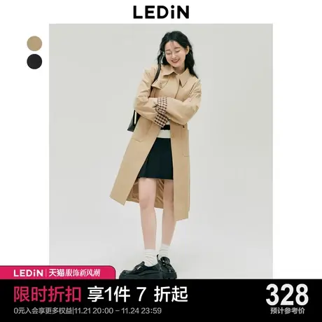 *乐町设计感翻边风衣2023秋季新款女中长款早春燕麦色黑色通勤图片