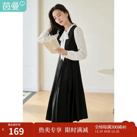 茵曼2023春女装新款文艺假两件飘带连衣裙下摆压褶设计长袖连衣裙图片