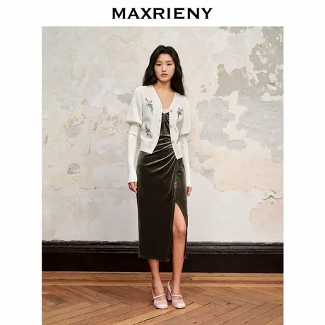 【奥莱】MAXRIENY复古绿色丝绒侧开衩吊带连衣裙裙子图片