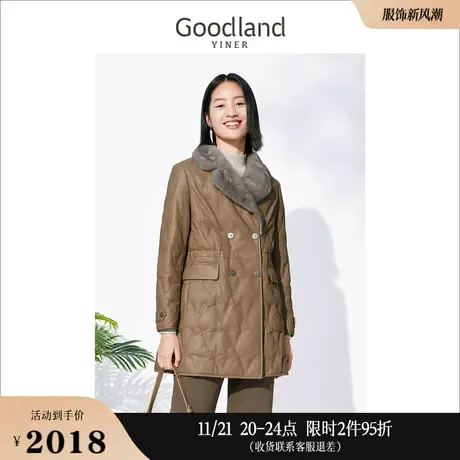 Goodland美地女装冬季菱格纹水貂毛领保暖真皮白鸭绒羽绒服图片