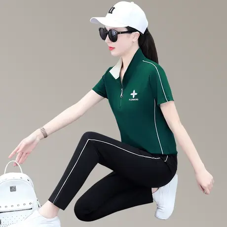短袖休闲运动服套装女2023年春夏新款宽松显瘦薄款天丝长裤两件套图片