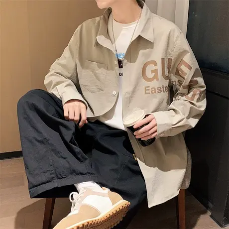 衬衫男长袖夏季潮牌易打理宽松休闲外套春秋款印花痞帅青少年衬衣图片