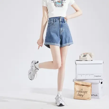 唐狮春夏季女牛仔短裤高腰卷边薄款宽松直筒显瘦辣妹热裤潮酷商品大图