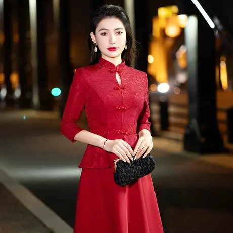 大牌喜婆婆婚宴装秋冬加厚旗袍喜服妈妈参加婚礼晚礼服小个子洋气图片