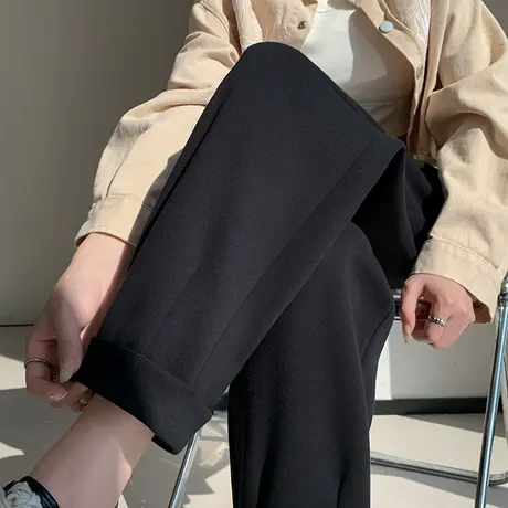 黑色挽边九分直筒裤女2024春秋新款窄版显瘦休闲百搭垂感烟管裤子图片