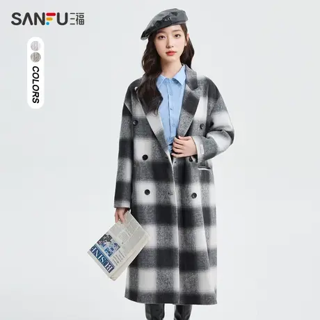 三福毛呢大衣女2024春季设计感西装领长款格纹呢子外套女装482217商品大图