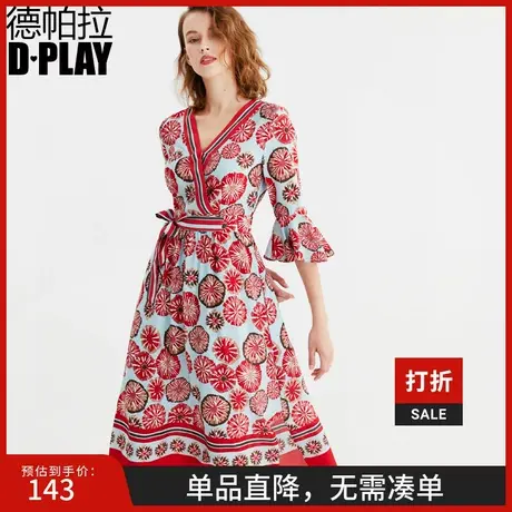 DPLAY德帕拉秋款欧美红色复古印花V领喇叭袖收腰连衣裙度假裙图片