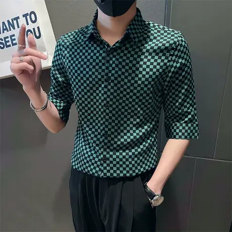 夏季男士衬衫格子短袖宽松半袖翻领七分袖发型师个性潮流百搭衬衣图片