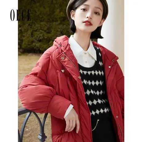 Oece红色羽绒服冬新款女连帽宽松羽绒衣短款外套图片