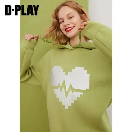 DPLAY春新休闲甜美果绿色领宽松落肩连帽爱心短款卫衣女图片