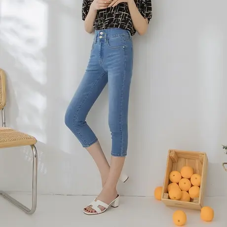 桔熊夏季七分牛仔裤子少女复古抓纹收腹高腰修身小脚裤大码BA5471商品大图