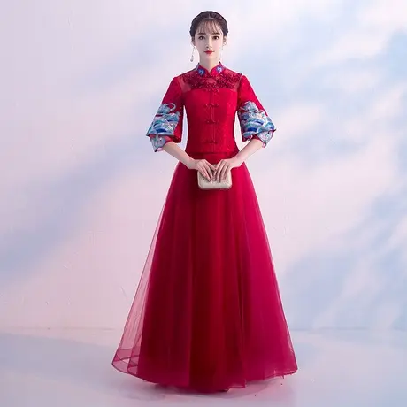 中式敬酒服新娘2024新款冬季酒红色中国风结婚秀禾服礼服长款纱裙图片