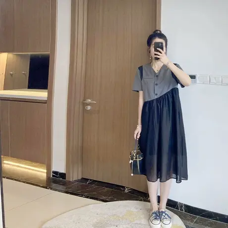 拼接气质欧货大码女装遮肚显瘦2024新款夏装短袖连衣裙休闲洋气潮图片