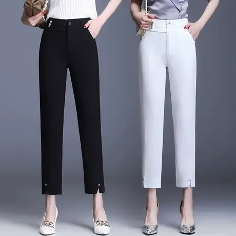 白色裤子女2024新款春秋宽松显瘦小直筒休闲西裤小个子开叉九分裤图片