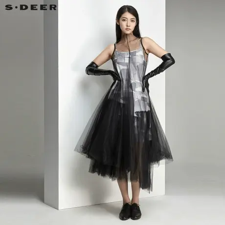 sdeer圣迪奥夏装印花网纱拼接吊带连衣裙两件套S21281234图片