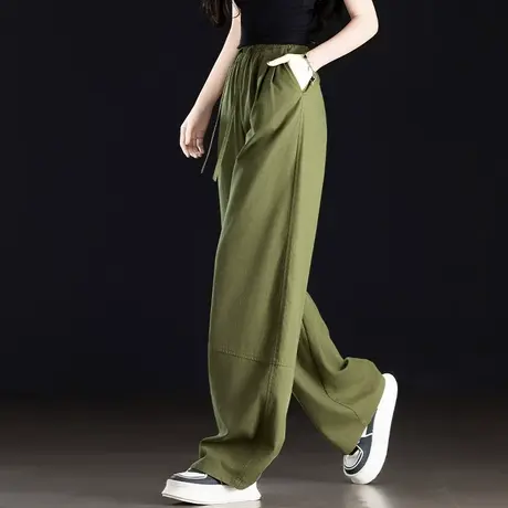绿色阔腿休闲裤女夏季2025新款薄款垂感天丝裤子宽松慵懒风弯刀裤图片