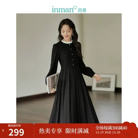 优雅压褶连衣裙2023冬女装新款木耳边立领灯笼袖中长款裙子图片