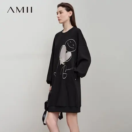Amii2025秋新款休闲爱心印花刺绣卫衣裙连衣裙女落肩袖宽松裙子图片
