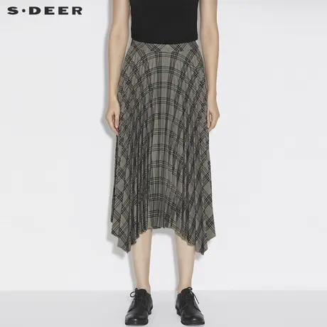 sdeer圣迪奥女装春秋装复古英伦格纹不规则百褶裙长裙S21381101图片