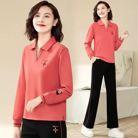 运动休闲套装女2023年新款洋气中年妈妈减龄V领卫衣直筒裤两件套图片