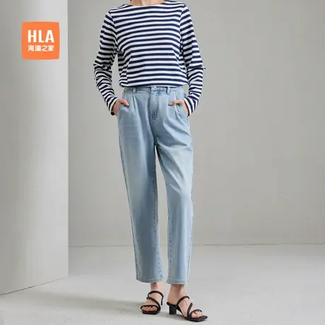 HLA/海澜之家微弹牛仔裤春夏季新款松紧腰直筒休闲时尚九分裤女装图片