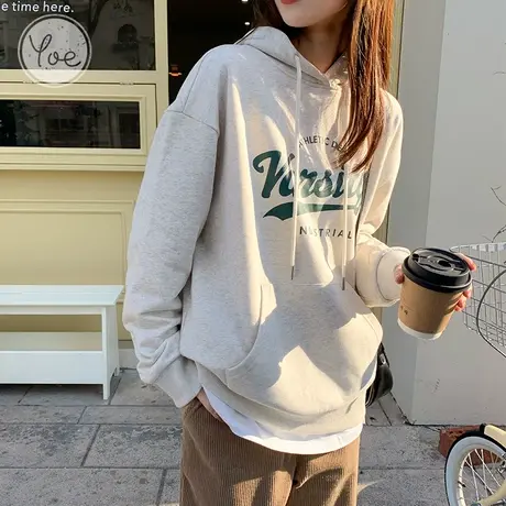 yoe2023卫衣女春秋季新款美式复古文字印花套头上衣宽松百搭连帽图片