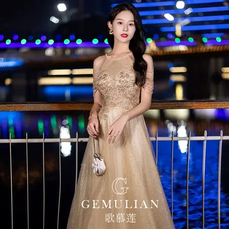 晚礼服女2023新款金色高级主持人高端小众轻奢亮片挂脖宴会连衣裙图片