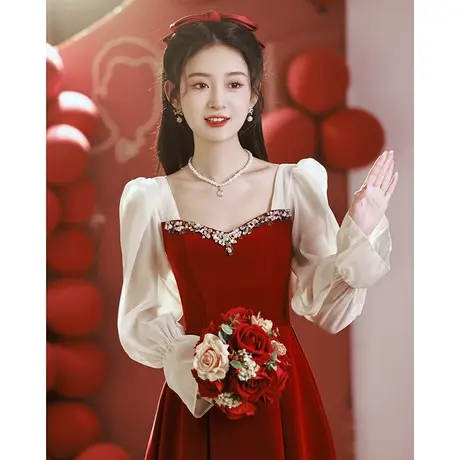 敬酒服新娘2024新款平时可穿纱袖高级感订婚礼服女夏季红色连衣裙图片