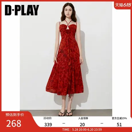 DPLAY2025年夏季新款红色印花吊带裙女挂脖立体花朵飘带连衣裙图片