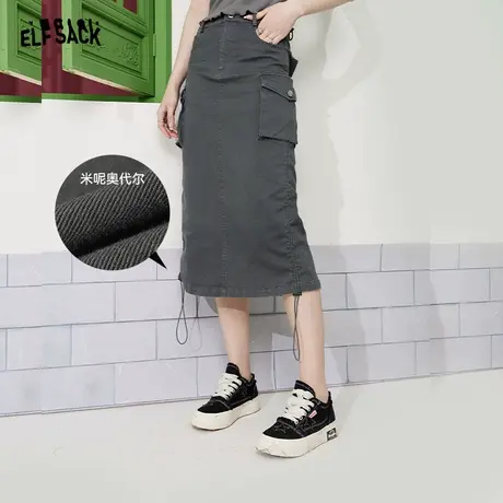 妖精的口袋灰色工装风半身裙女2023秋季新款直筒裙休闲中长款裙子图片