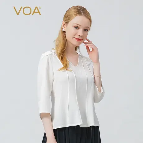 VOA真丝38姆米细纹乔V领七分袖褶皱撞料拼接荷叶边百搭桑蚕丝T恤图片