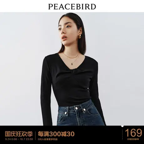 太平鸟V领修身扭结针织衫2023秋季新款长袖气质打底上衣女内搭图片