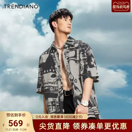 TRENDIANO官方2023新款秋季港风街景印花宽松短袖衬衫潮男图片