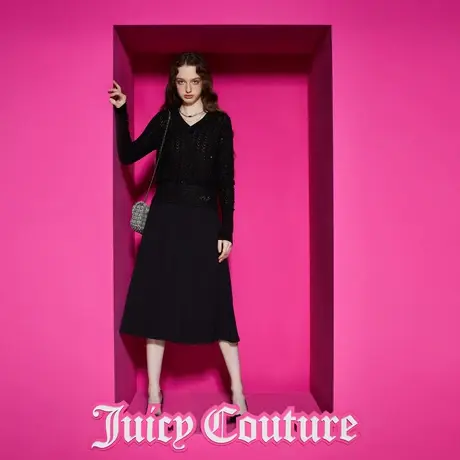 Juicy Couture橘滋女装新款暗黑星光V领绣花黑色长袖女针织衫图片