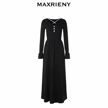 【奥莱】MAXRIENY芭蕾风交叉钻链v领连衣裙复古针织长裙图片