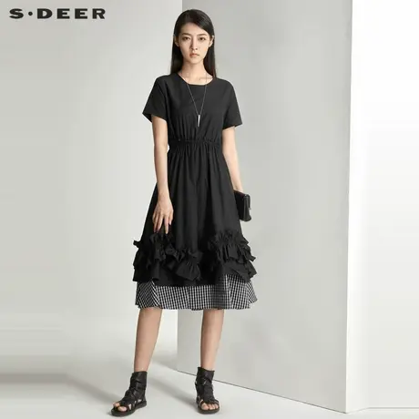 sdeer圣迪奥夏季裙子质感高级感木耳边拼接短袖连衣裙S21261233图片