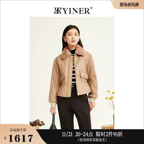 YINER音儿线上专选女装冬季兔毛翻领真皮白鸭绒驼色羽绒服高级感图片