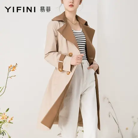 Yifini/易菲经典撞色中长款风衣外套女春秋新款休闲百搭时尚外套图片