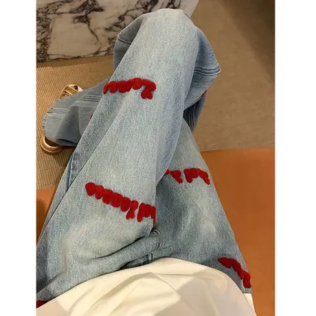 美式高街复古刺绣牛仔裤女春秋2023年胖MM大码直筒阔腿裤显瘦裤子图片